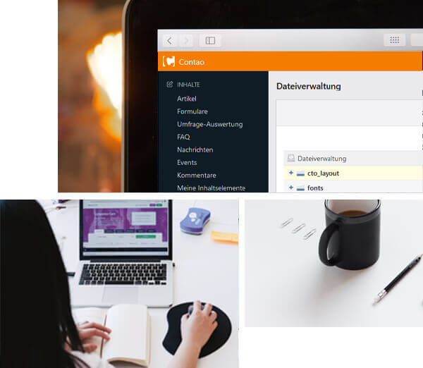 Collage, Ausschnitt von WordPress, Frau bedient einen Laptop, Tasse, Bleistift und Büroklammern