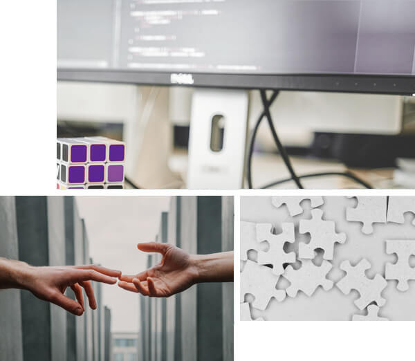 Collage zum Thema Plugins, Bildschirmrand und Zauberwürfel, zwei Hände, Puzzleteile