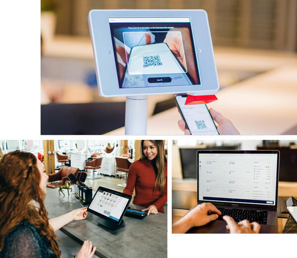 Collage, QR-Code-Scanner, zwei Frauen mit einem Tablet, Hände bedienen einen Laptop