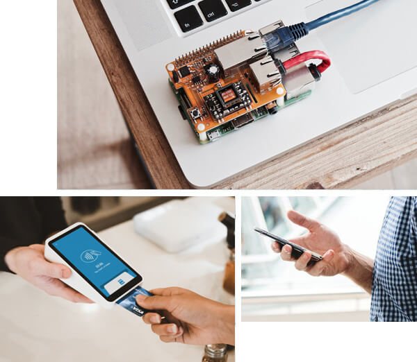 Collage, Computerteil, Kartenlesegerät, eine Hand hält ein Smartphone