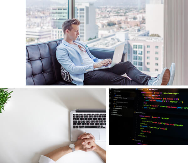 Collage, Mann auf dem Sofa mit Laptop, Tisch auf dem man Hände sieht, Codezeilen