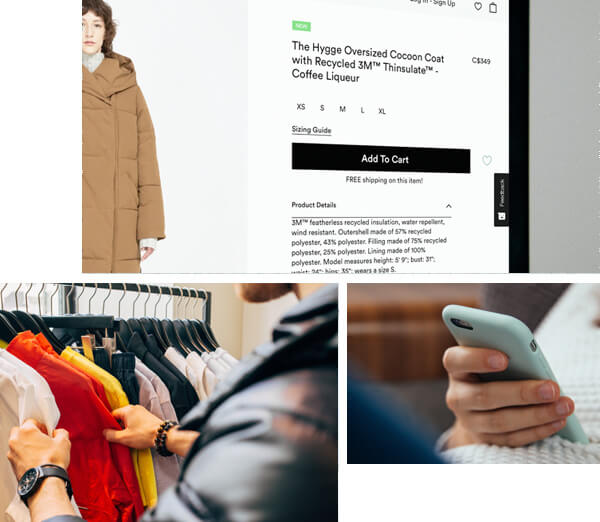 Collage, Warenkorb eines Onlineshops, Mann durchsucht Kleiderbügel auf einer Stange, Hand hält ein Smartphone