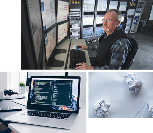 Collage, Mann im Steuerrungsraum mit Monitoren, ein Laptop, zerknülltes weißes Papier